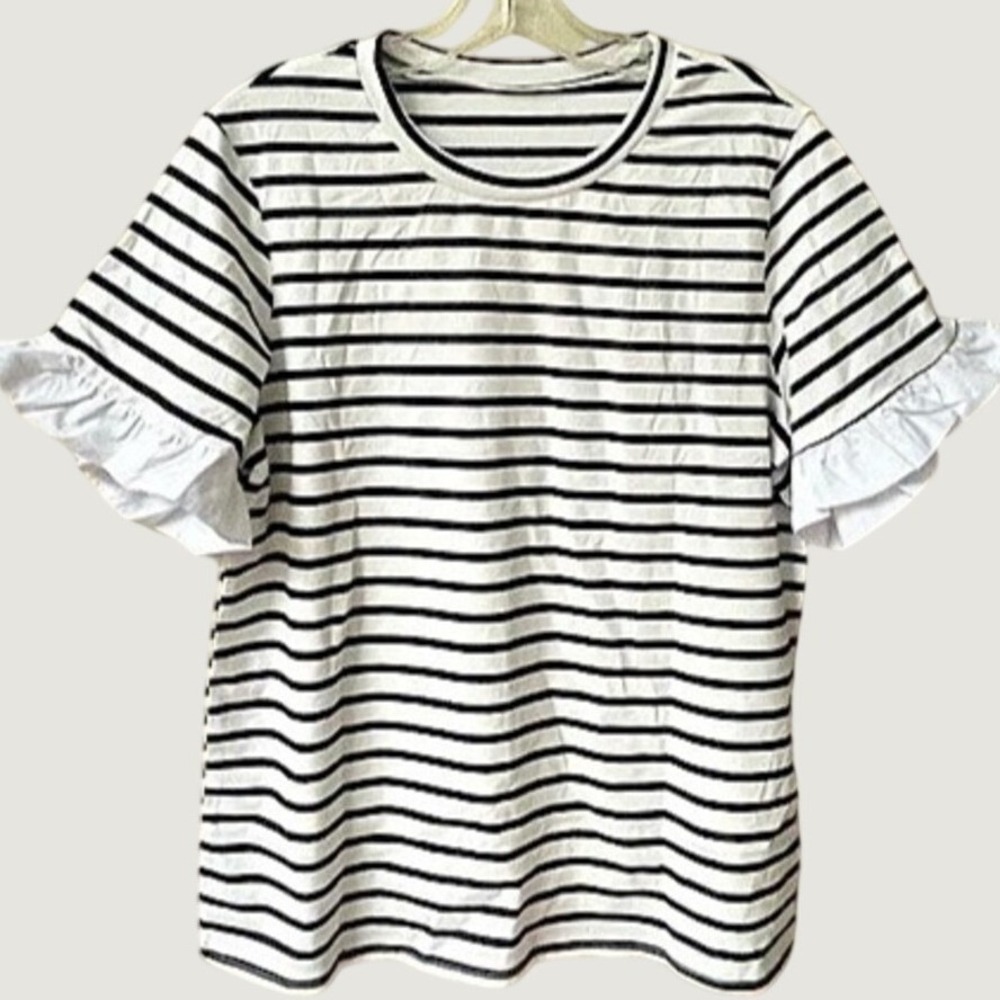 Tankaneo Womens Medium Striped Ruffle Sleeve T Shirt Black White NWT
